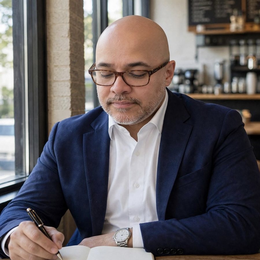 Anthony Pitre writing in a notebook at a cafe table